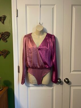Peach Love California Color block Satin Bodysuit Medium Mauve Fuchsia NWT